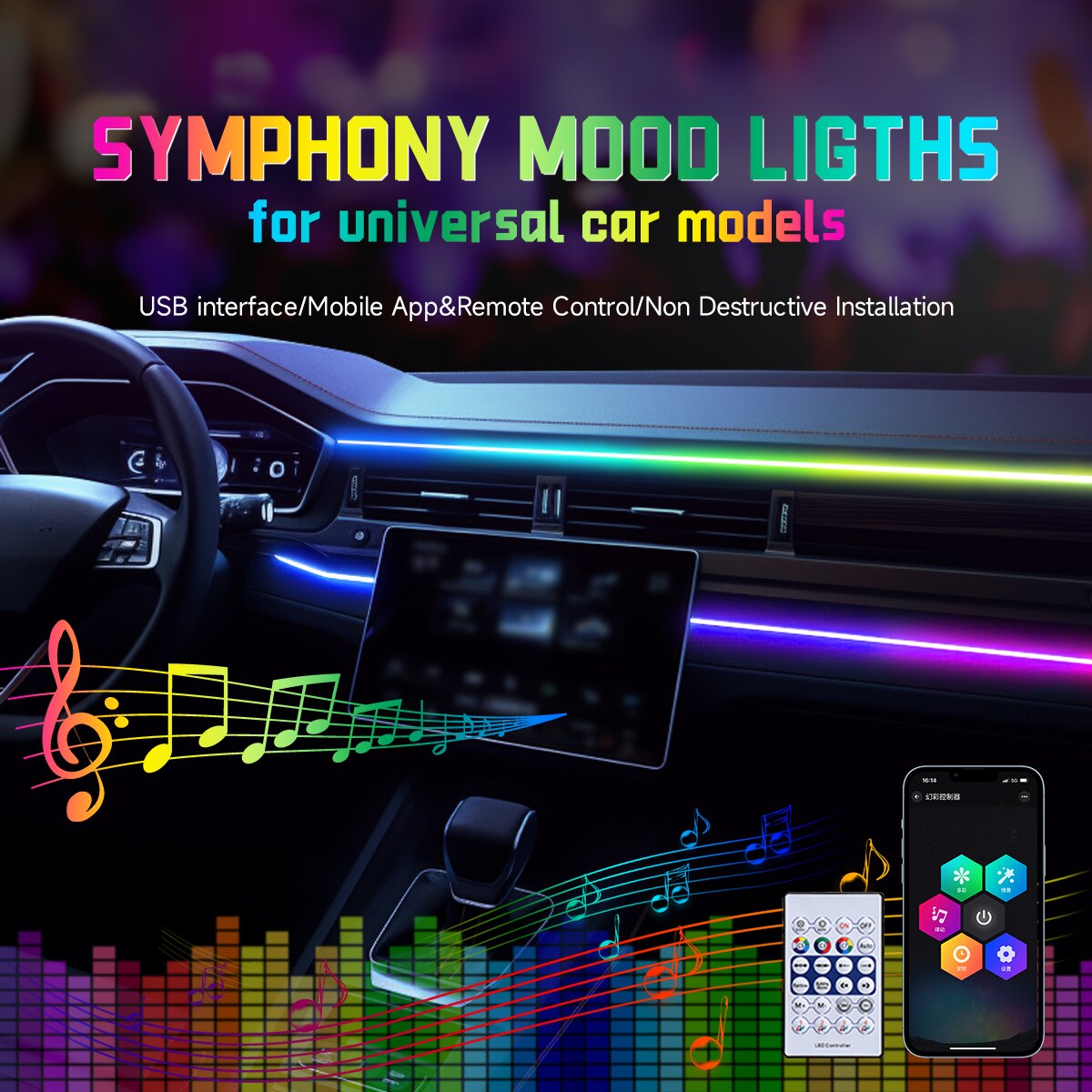 Araba LED ortam ışığı USB 64 r - Led Ambient Interior Car Lights App Control incelemesi ve fiyatı